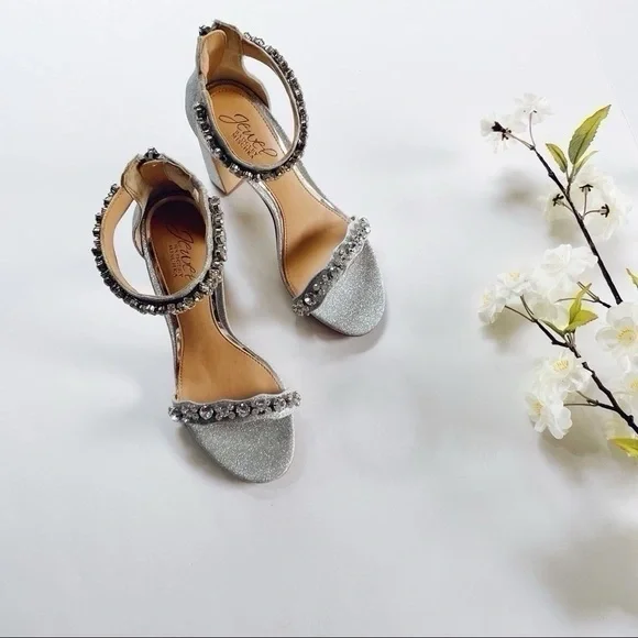 NEW Badgley Mischka Mayra Silver Glitter Rhinestone Ankle Strap Heels - Picture 3 of 12